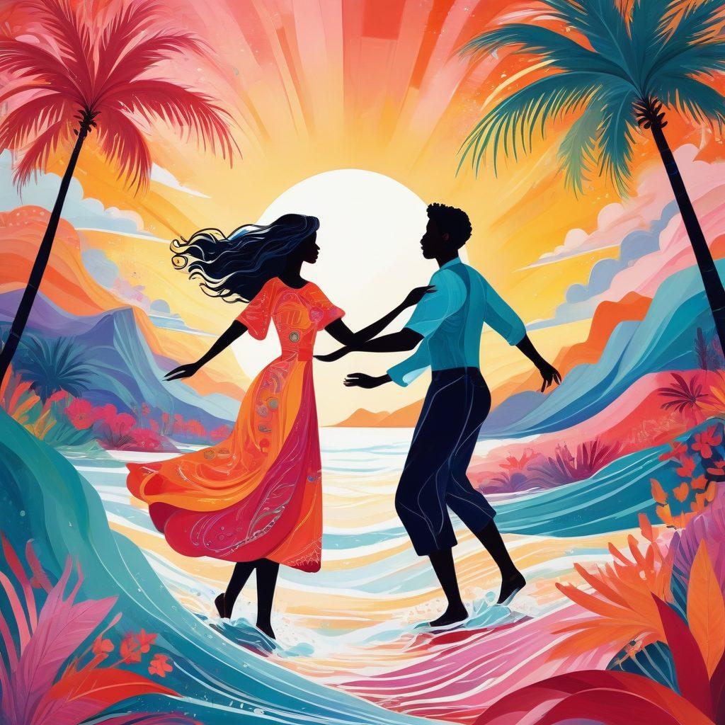 An abstract representation of an open-minded couple exploring their adventurous side, surrounded by vibrant colors and playful patterns. Incorporate symbols of connection, such as intertwined hearts or hands, along with hints of exotic locations and intimate settings in the background. The scene should radiate a sense of joy, freedom, and excitement. whimsical illustration. vibrant colors. soft focus.