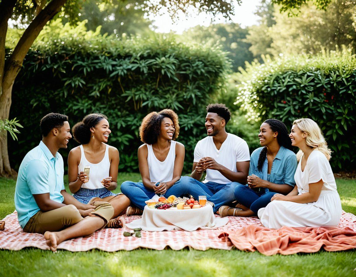 A serene outdoor setting featuring a close-knit group of couples enjoying a picnic, with laughter and connection apparent in their expressions. The scene captures the essence of love, freedom, and acceptance, showing couples engaging in playful activities together. Lush greenery surrounds them, with vibrant flowers adding pops of color. The atmosphere is warm and inviting, reflecting joy and intimacy. soft-focus, vibrant colors, natural lighting.
