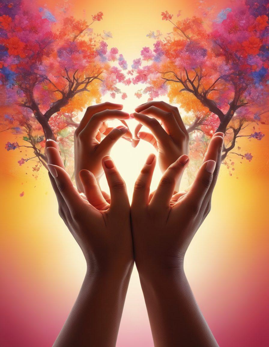 A vibrant, abstract representation of intertwined hearts and hands symbolizing connection and liberation. Incorporate elements of diverse couples engaged in joyful activities, suggesting openness and shared experiences. Use warm, inviting colors to evoke a sense of love and acceptance. Include subtle hints of nature, like blooming flowers, to represent growth and flourishing relationships. artistically blended with a soft, dream-like background. super-realistic. vibrant colors.